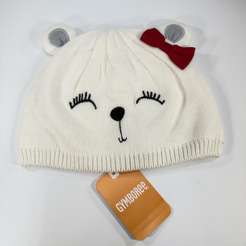 Gymboree Hat Beanie Girls 2T-3T White Bear Face Red Bow Knit Winter Toddler NWT